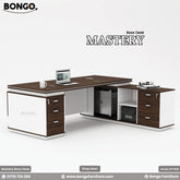 Mastery Boss Table (82"x36"x30") - 48mm laminated double board Top - 3 Per Channel drawers, 2 locks, cable hole. Includes Side cabinets. Color is Antique and White. Shop Now!